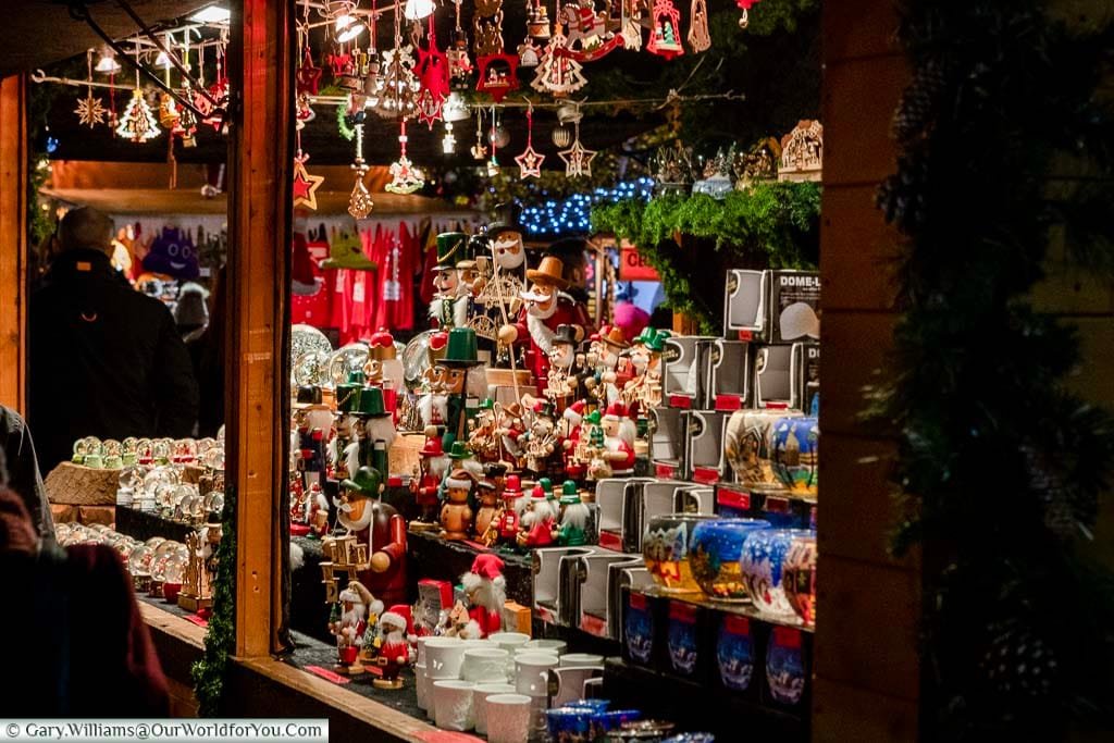 A stall on the Christmas Market at Tate Modern selling traditional German ornaments.