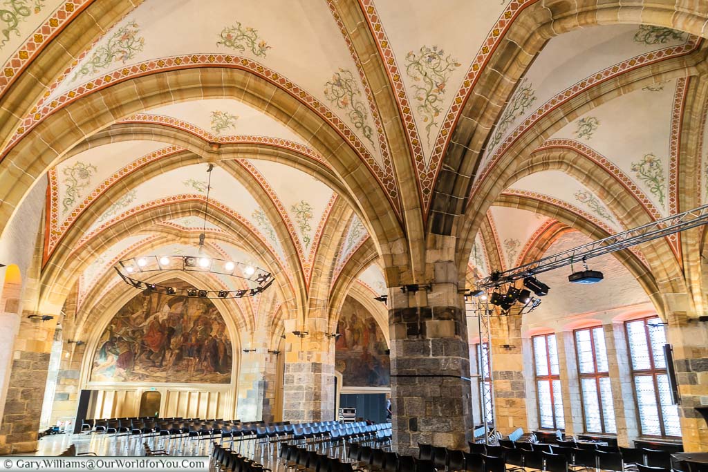 Inside the decorated vaulted Coronation Hall of the Aachen Rathaus