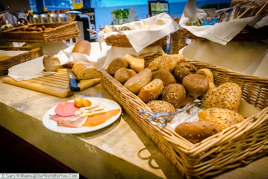 A selection of bread at the breakfast bar of the Novotel Aachen City