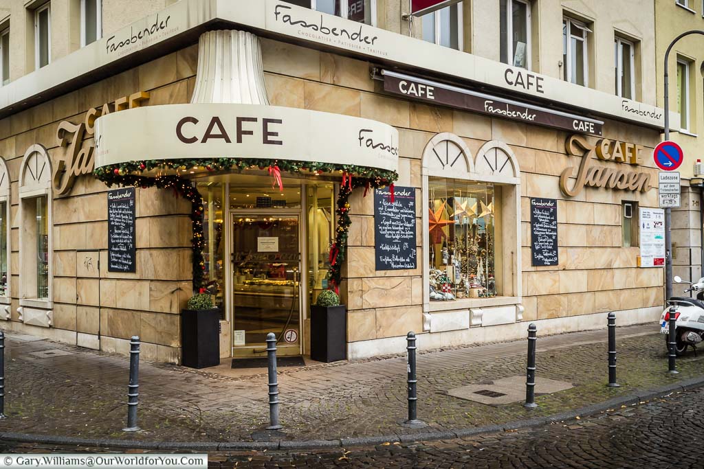 The outside of Cafe Fassbender on the corner of the side streets of central Cologne