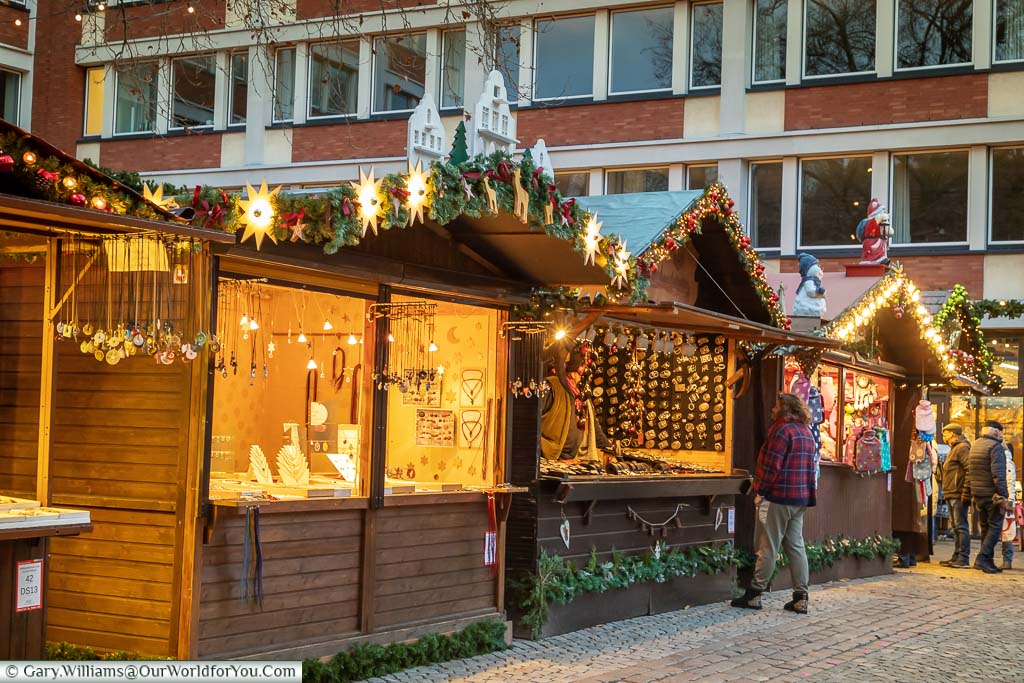 Christmas Markets stalls in Münster’s Weihnachtsmarkt selling artisan local crafts