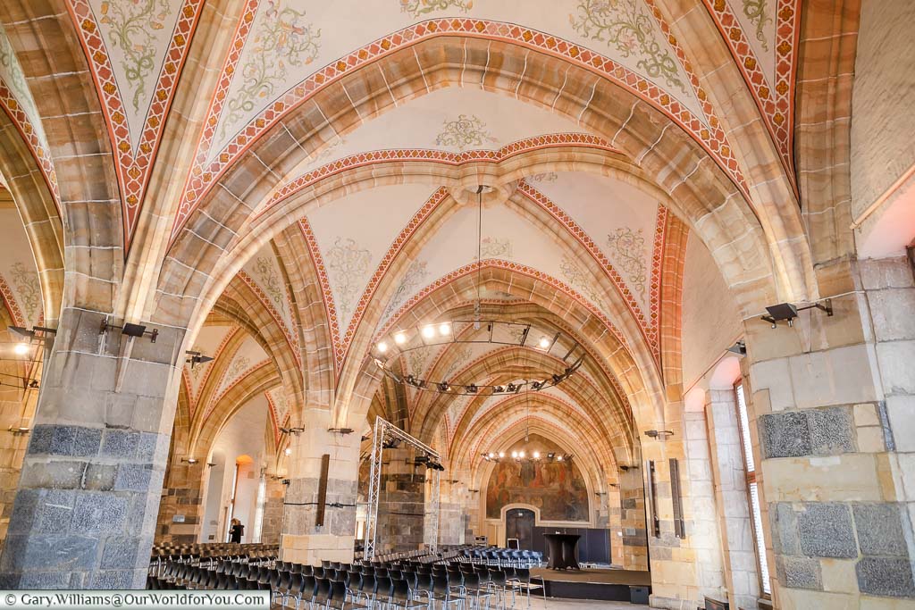Inside the decorated vaulted Coronation or Banqueting Hall of the Aachen Rathaus