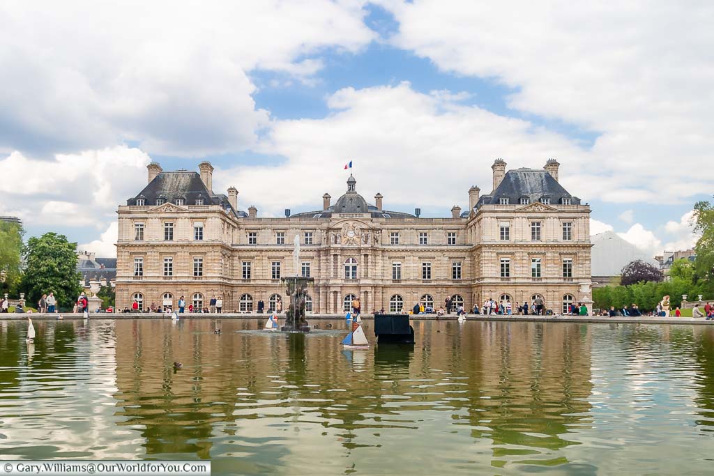 Looking across the boating pond in the Jardin du Luxembourg towards the Palais du Luxembourg.