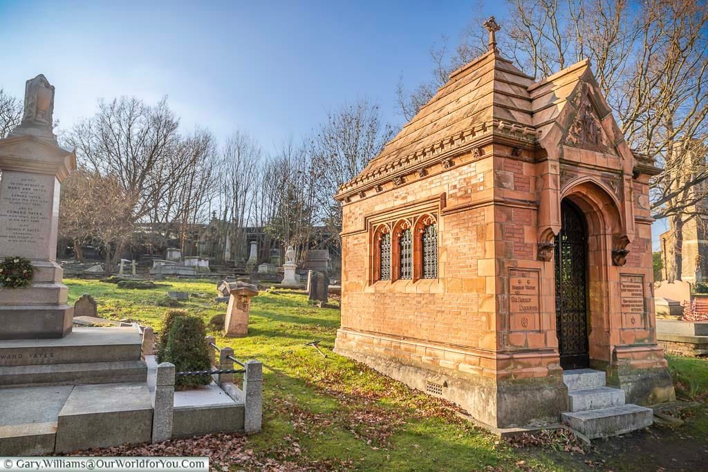 The red brick mausoleum of Sir Henry Doulton’s in West Norwood Cemetery, London