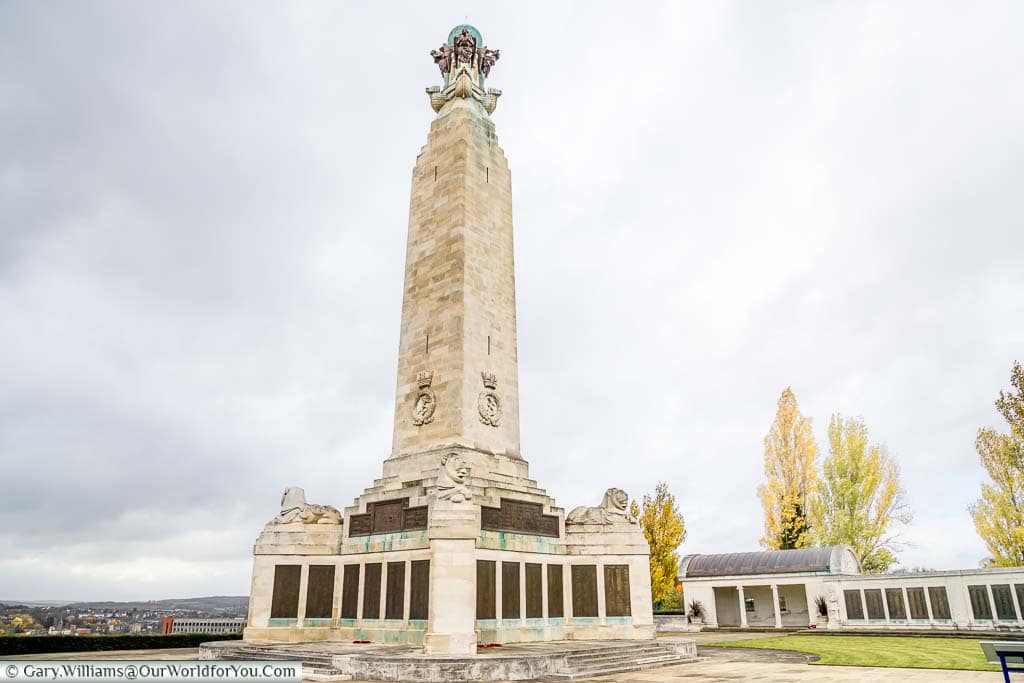 The obelisk at Chatham Naval Memorial under brooding grey skies