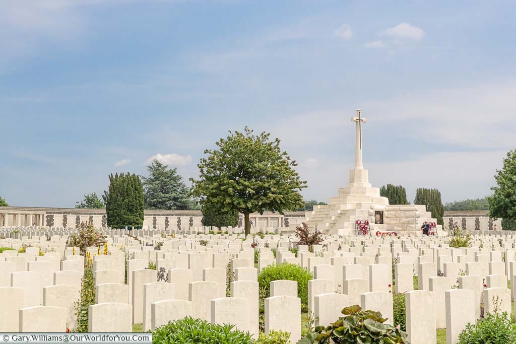 The Commonwealth War Graves Cross of Sacrifice on top of a German bunker in the Tyne Cot cemetery near Passchendaele, Belgium