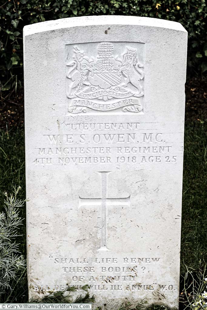 The Commonwealth War Graves headstone to Wilfred Owen in the Ors Cemetery in France