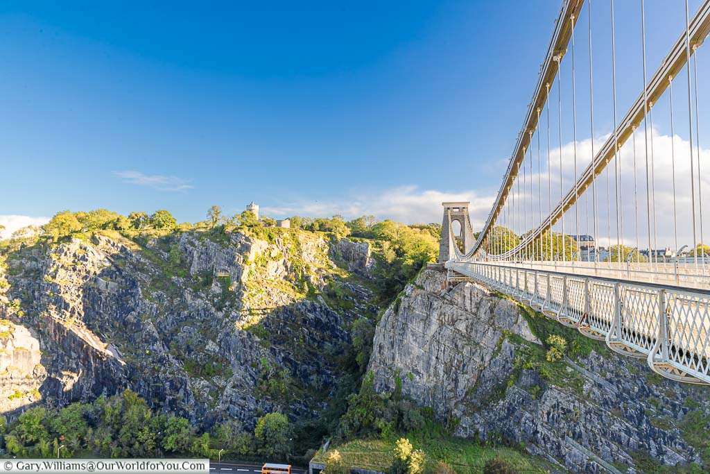 The view back from the western tower over the Clifton Suspension Bridge over the Avon gorge below