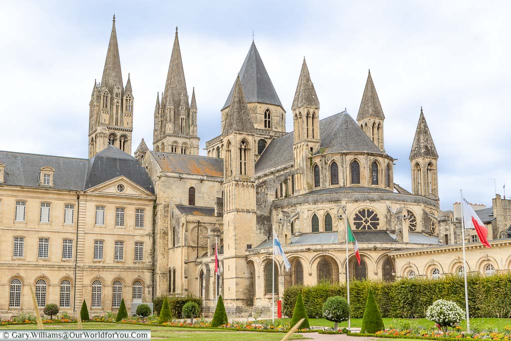 A view from the nave end of the Abbaye aux Hommes in Caen from the park in front of the town hall.