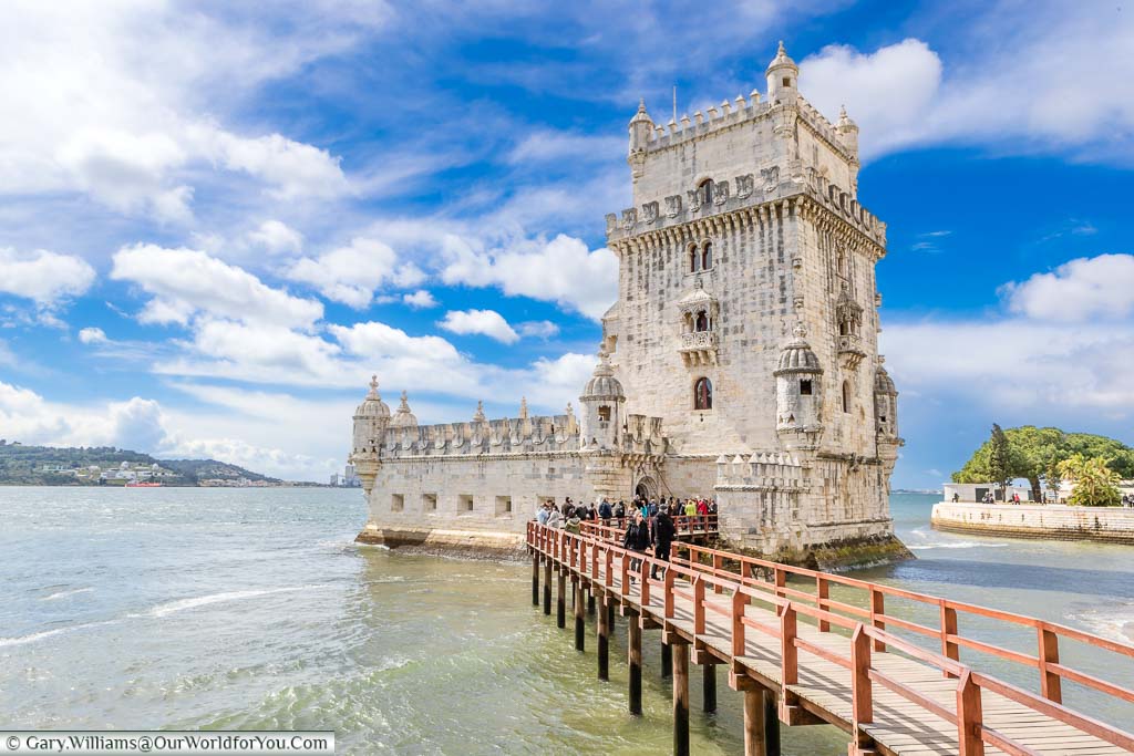 The 16th century Torre de Belém, a stone tower built in the Manueline style just outside Lisbon set on the shores of the River Tagus