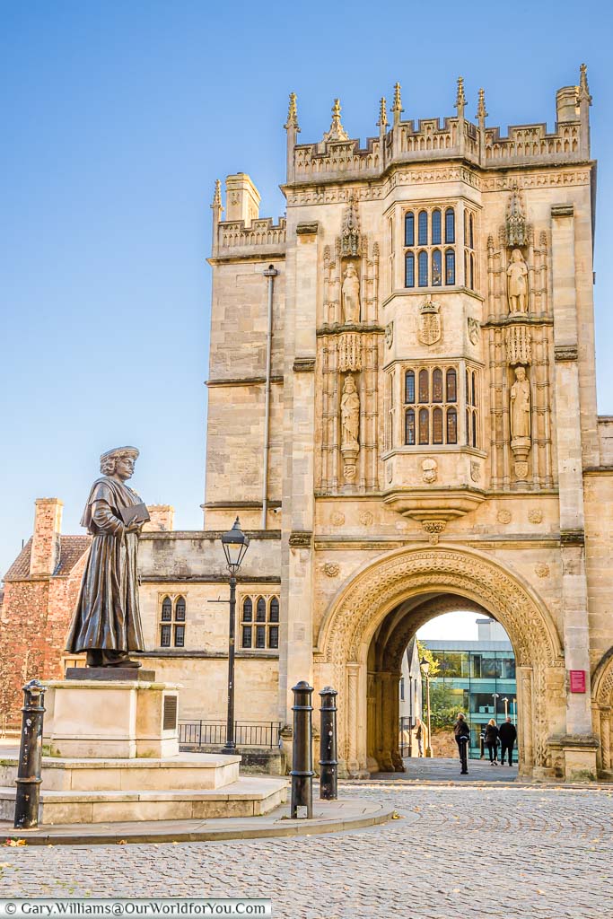 The statue of Raja Ram Mohan Roy in front of the Great Gatehouse in Bristol