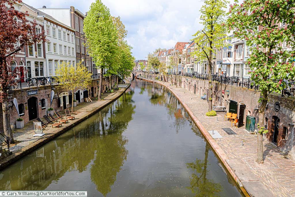 The houses along the tree-lined Oudegracht canal running through central Utrecht