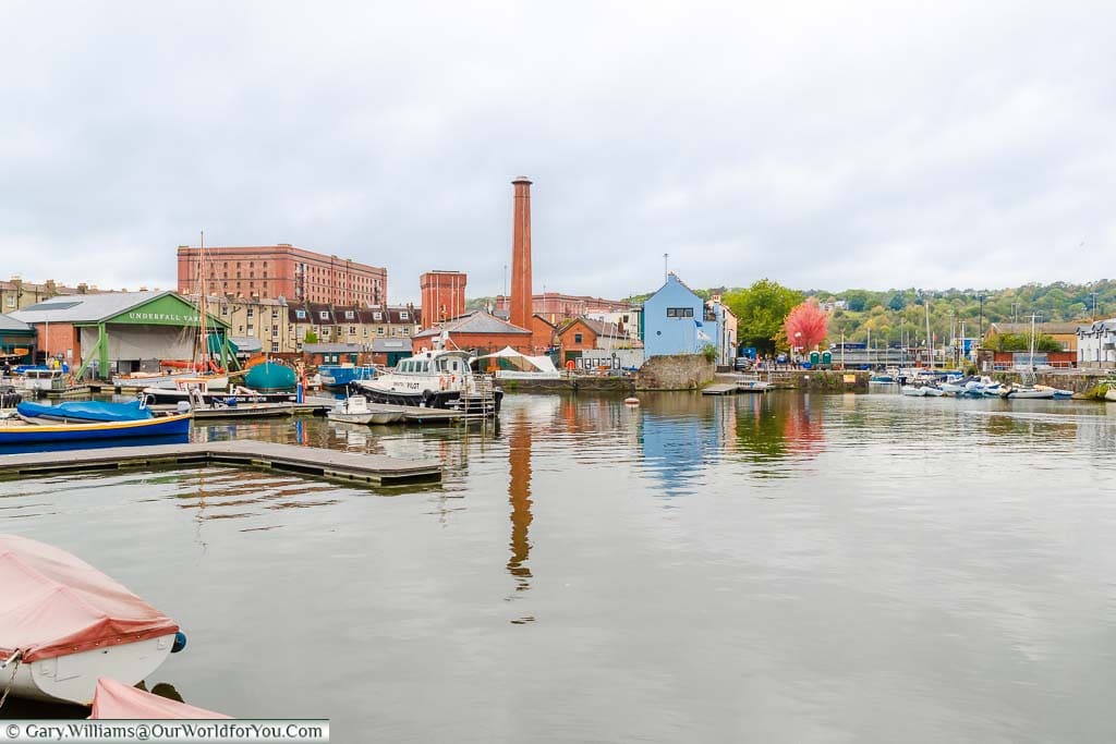 A view across Bristol harbour to Underfall Yard on a cloudy day