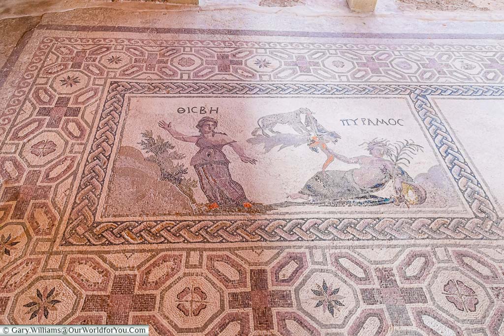 A mosaic featuring two characters on the floor of the House of Dionysos in the Nea Pafos Archaeological Site