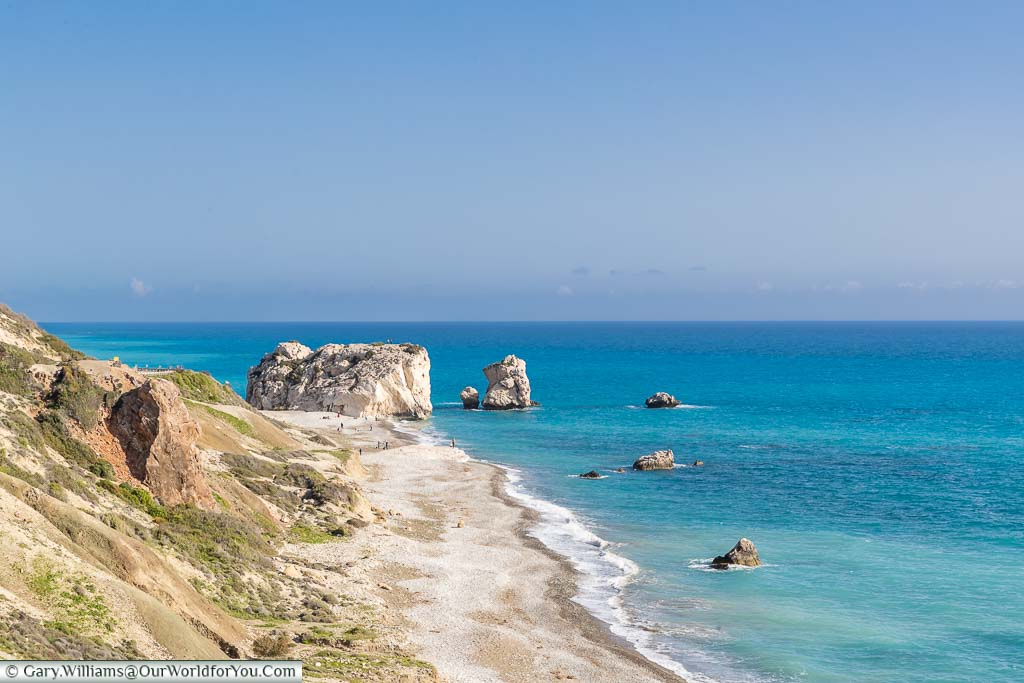 Aphrodite's Rock set in beautiful blue waters on the coastline to the south of Pathos, Cyprus