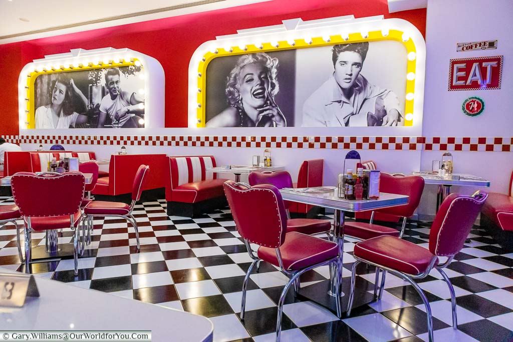 Black and white vinal & chrome seating in the 1950's retro-themed Rock 'n' Roll diner at the Olympic Lagoon Resort Paphos