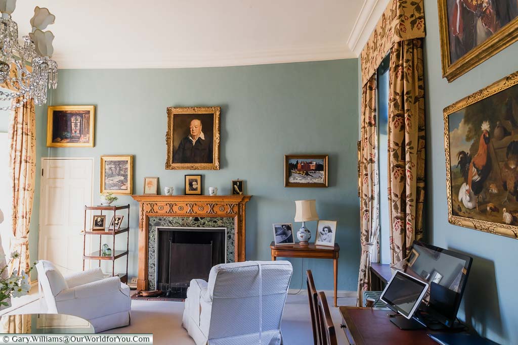 Lady Churchill’s sitting room in Chartwell House is decorated in a duck egg blue with a picture of Sir Winston Churchill above the fireplace.