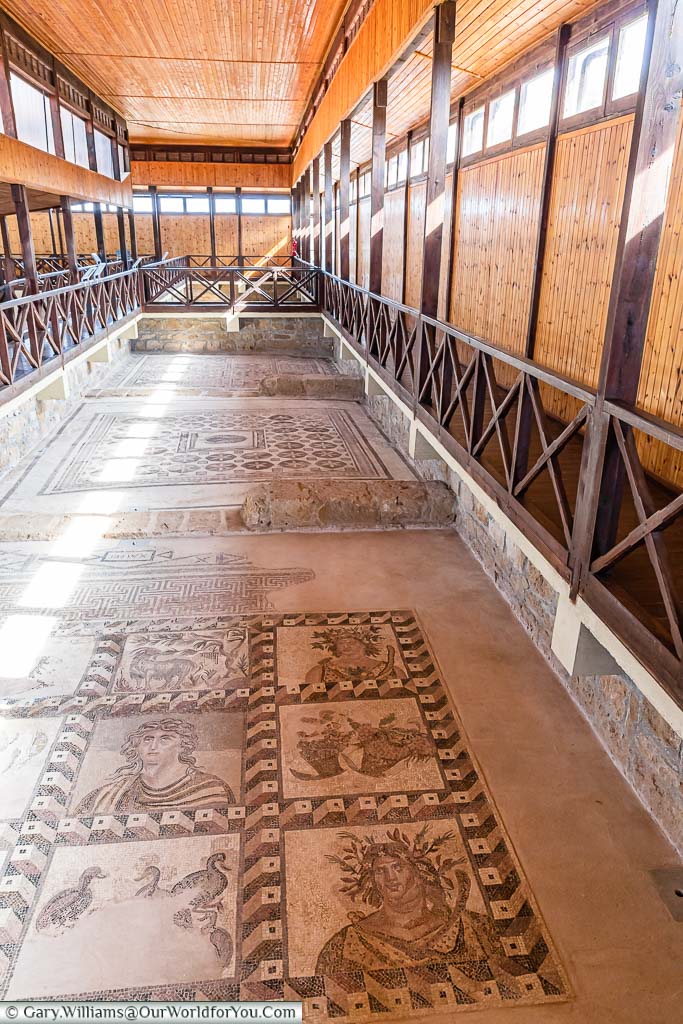 Looking down from the raised viewing platform to the mosaic flooring in the House of Dionysos in the Nea Pafos Archaeological Site