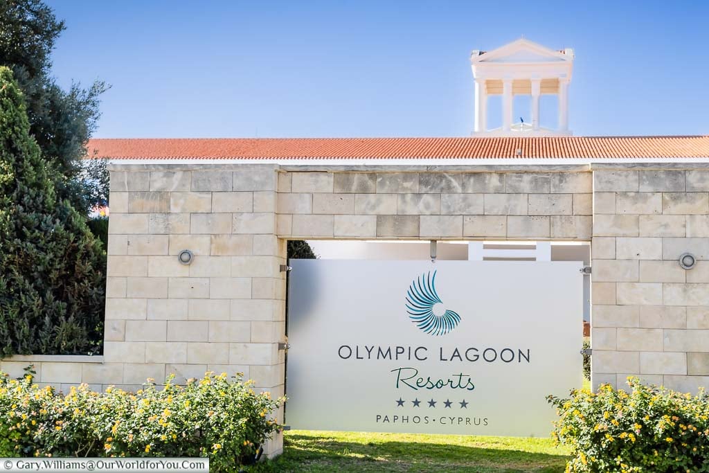 The Olympic Lagoon Resort Paphos sign outside the complex in Cyprus