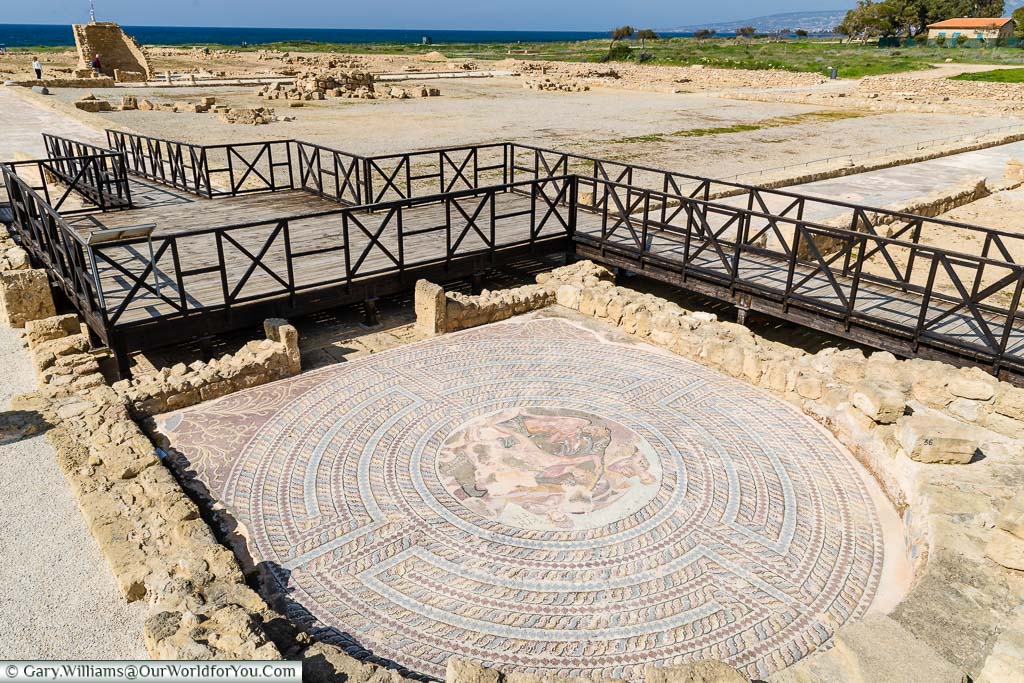 Looking down on a mosaic from a raised walkway of the archaeological site of Nea Paphos in Cyprus