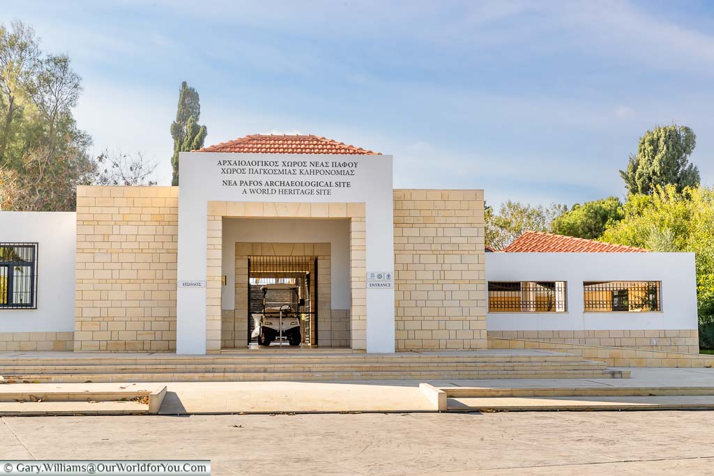 The modern stone entrance to the Nea Pafos Archaeological Site