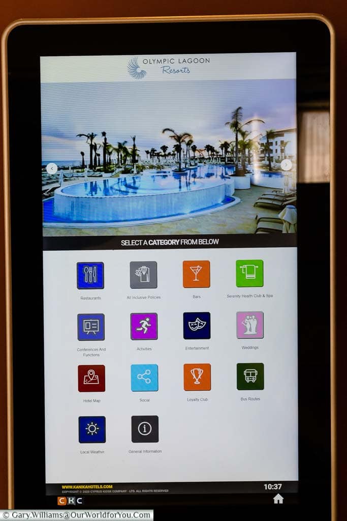 The interactive electronic information board at the Olympic Lagoon Resort Paphos