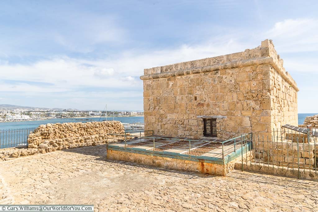 The view of the top of Paphos Castle and the harbour it protects in Cyprus