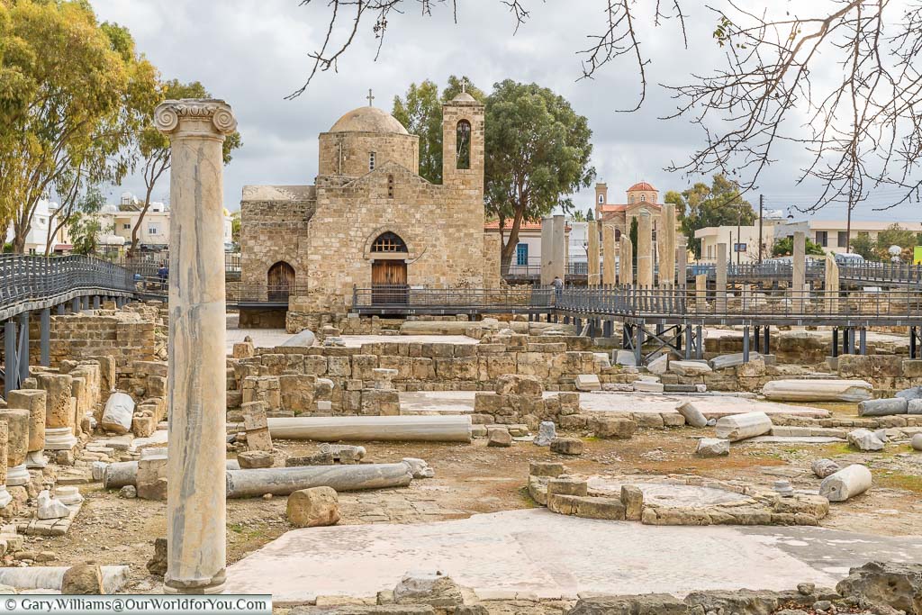 Roman columns, some standing, some toppled, in front of the 13th-century church is also known as “The Church by St Paul’s Pillar" in old Paphos