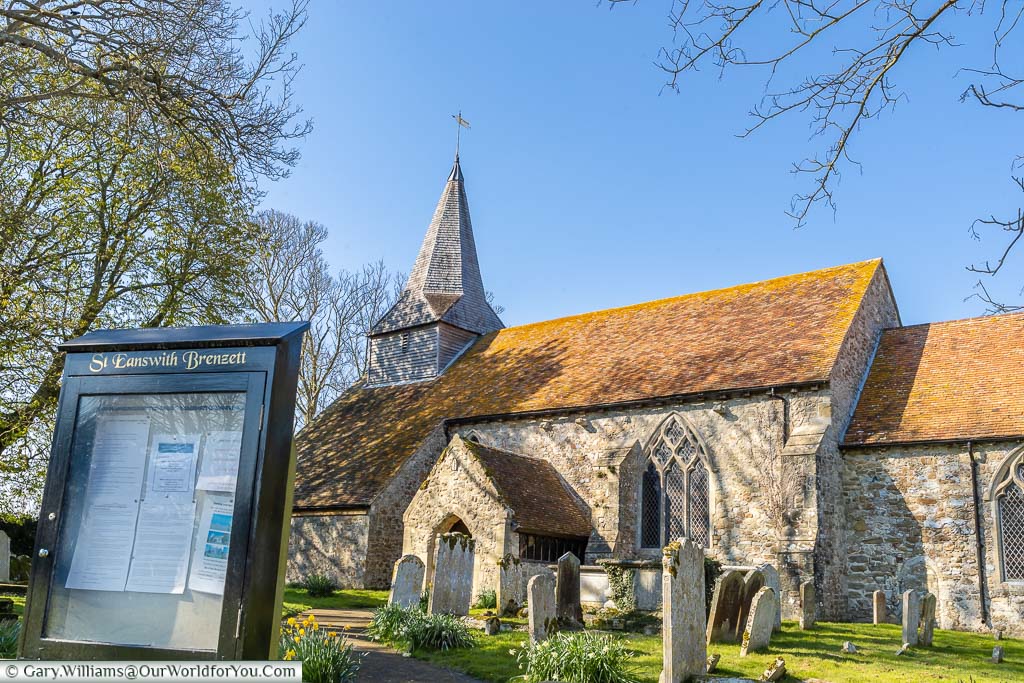 The notice board in front of St Eanswith's Church, Brenzett, on the Romney Marsh in Kent