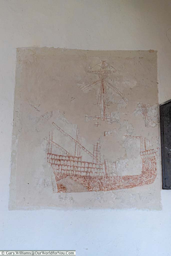 A medieval wall painting of a great ship inside St. Dunstan's Church, Snargate