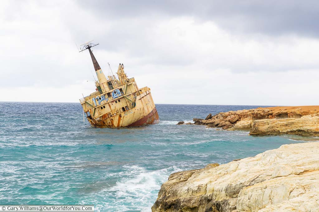 The shipwreck EDRO III leaning away from the rocks that have trapped it on the Cyprus coastline