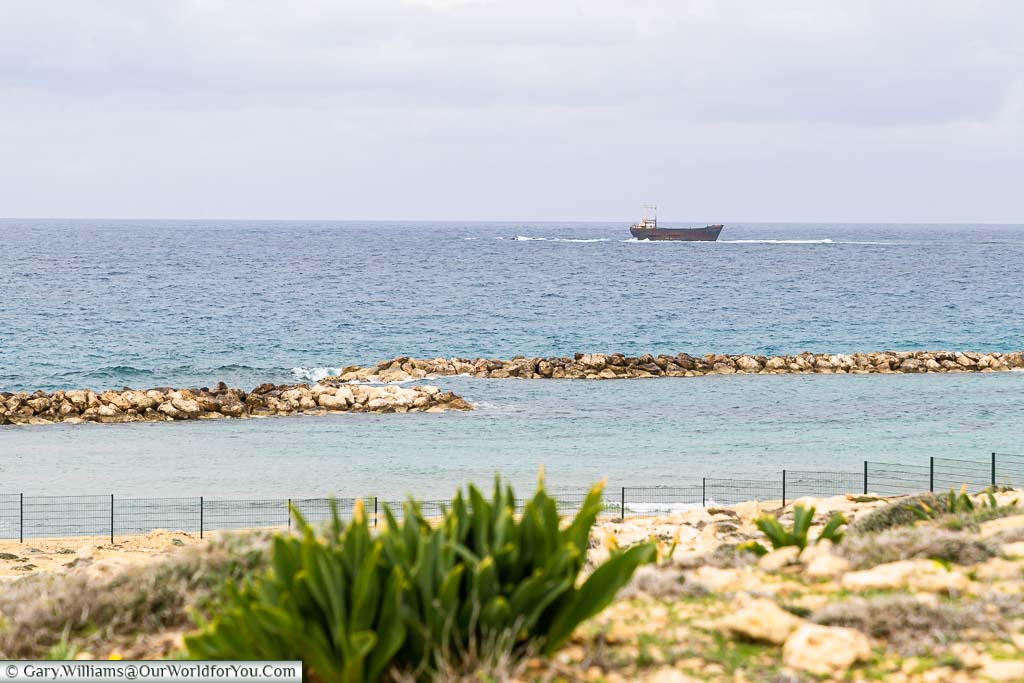 The shipwreck of the M/V Demetrios II as seen from the 'Tombs of Kings' in old Paphos, Cyprus