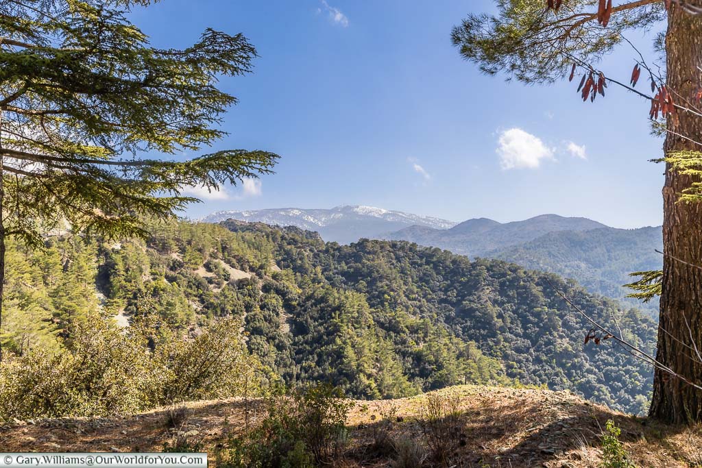 A view over the Troodos Mountains in Cyprus from a roadside layby