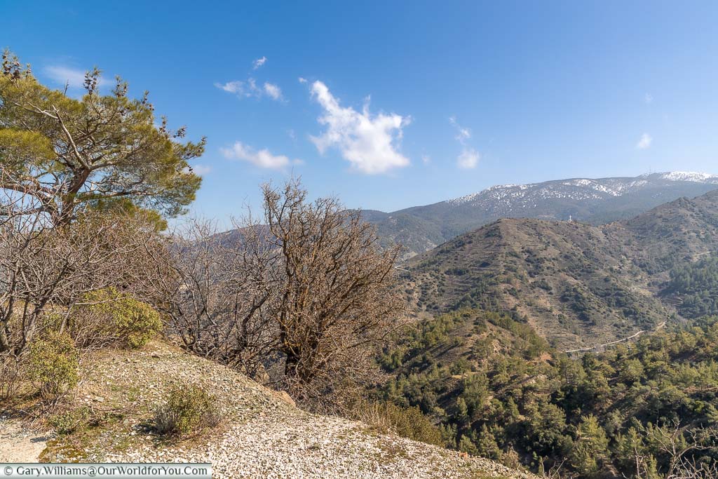 The view over the Troodos Mountains in Cyprus from a layby at the edge of the road.