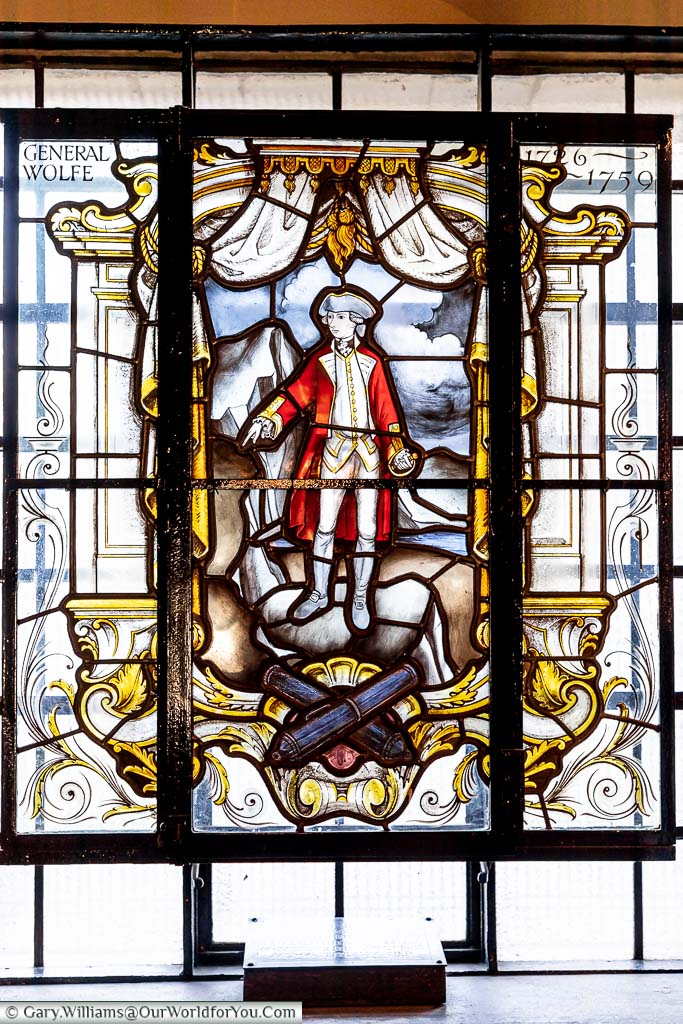 An intricate stained glass window of James Wolfe in St Alfege's Church in Greenwich