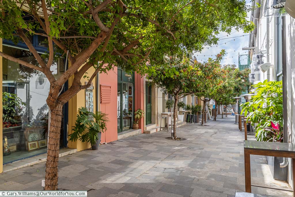 The tree-lined pedestrian alley in Old Town Paphos between brightly coloured shops