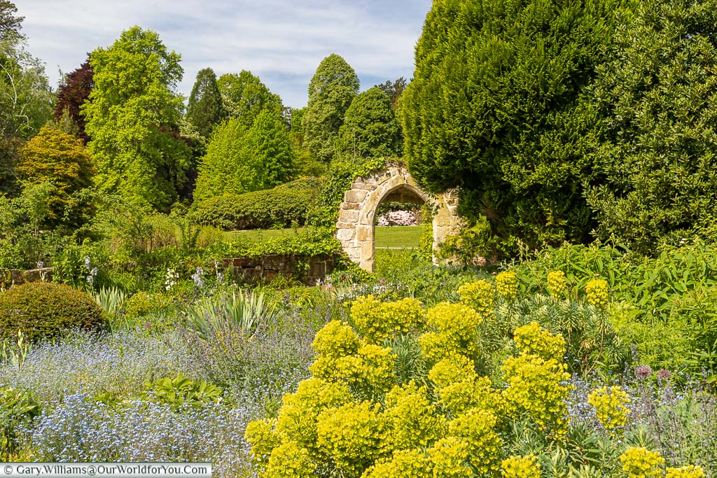 A ruined archway almost engulfed by the planting in the picturesque gardens of Scotney Castle in Kent on a beautiful spring day