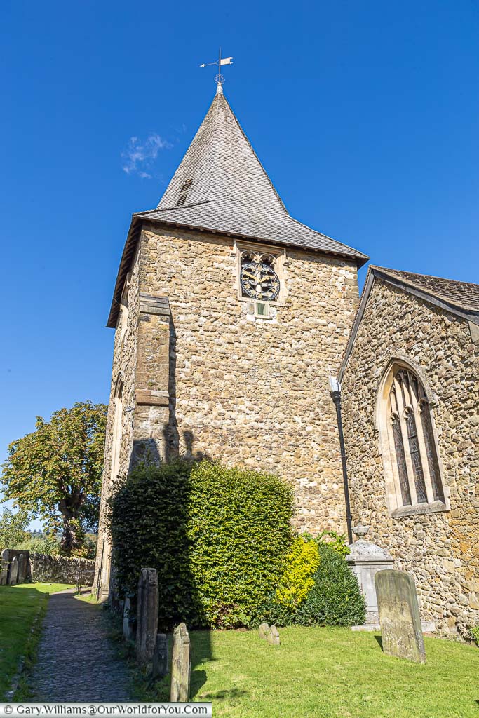 The clocktower of St Mary’s Church in Westerham, Kent