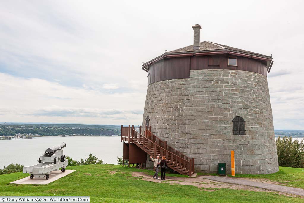 A Martello tower and canon on the Plains of Abraham overlooking the Saint Lawrence River in Quebec, Canada