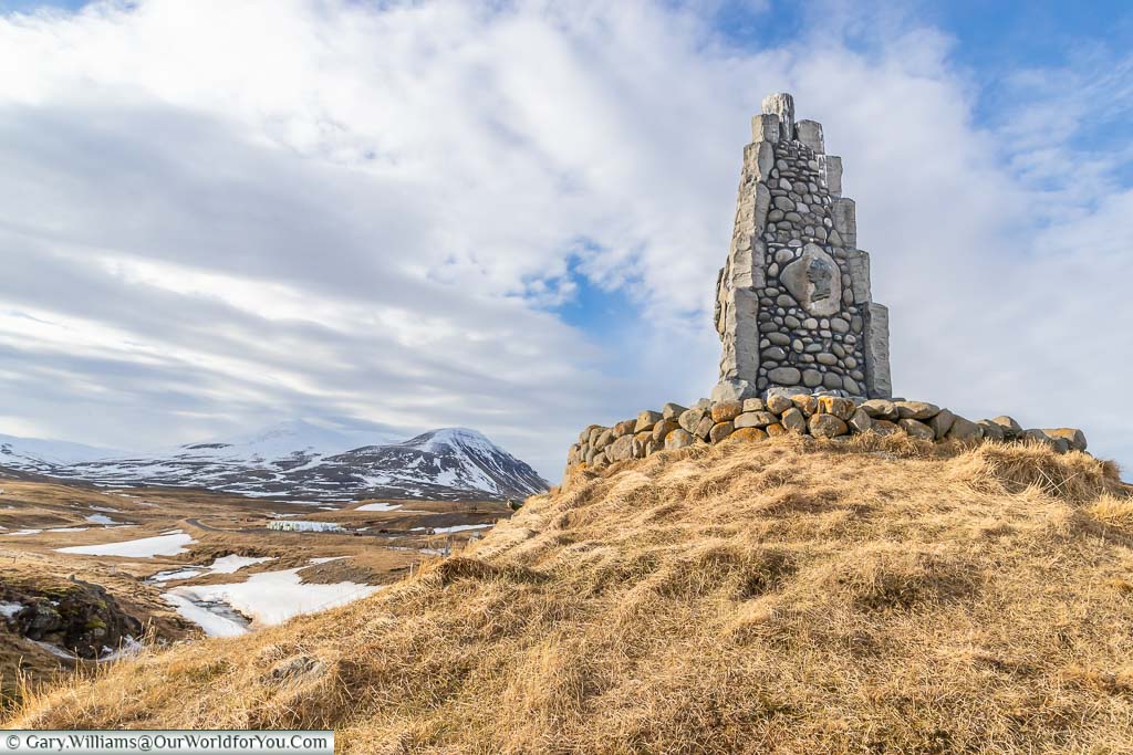 The stone monument to Stephan Stephansson at Vatnsskarð pass near Varmahlið in northern Iceland