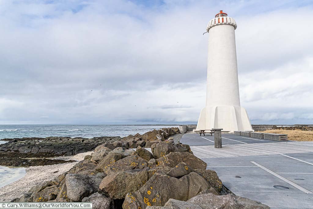 The old white lighthouse with its red lantern house on top, worth visiting if in Akranes in Western Iceland