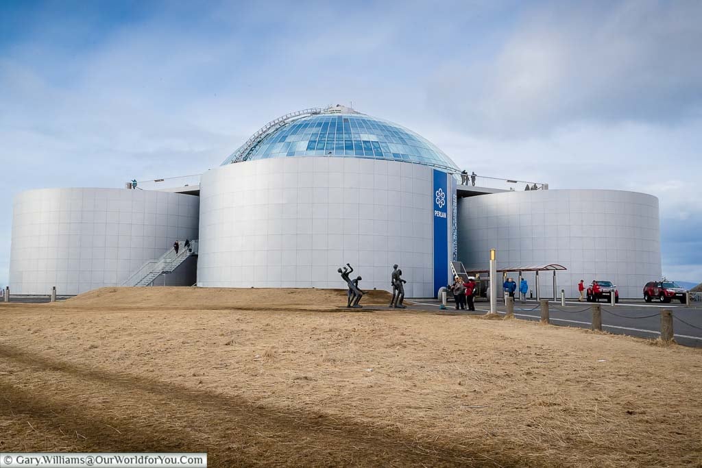 The Perlan Museum with its glass dome on top of repurposed hot water storage tanks on a hilltop in Reykjavik, Iceland