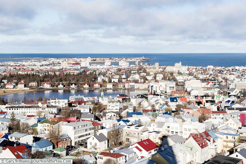 A view of the rooftops of the brightly coloured homes from the tower of Reykjavik's iconic Hallgrímskirkja church.