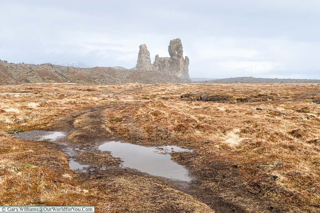A path leading to the Londrangar rock formation, across a dried grassy field on the north west coast of Iceland