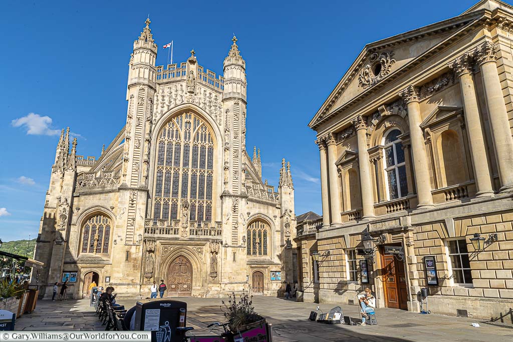 Two top attractions in Bath, The Roman Baths and Bath Abbey from Abbey Churchyard in the centre of the Historic Bath