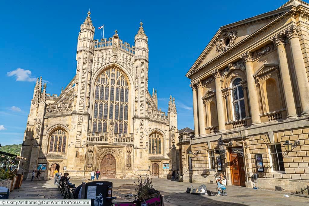 Two top attractions in Bath, The Roman Baths and Bath Abbey from Abbey Churchyard in the centre of the Historic Bath