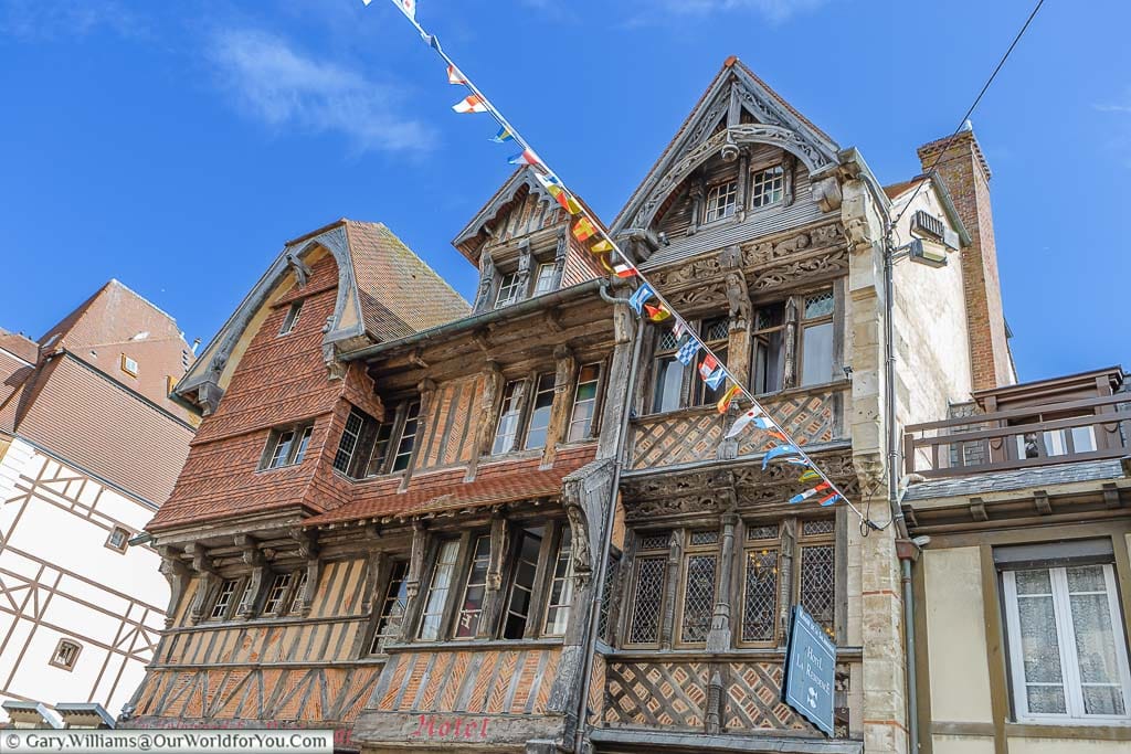 Timbered medieval buildings in the lanes of etretat in Normandy, france