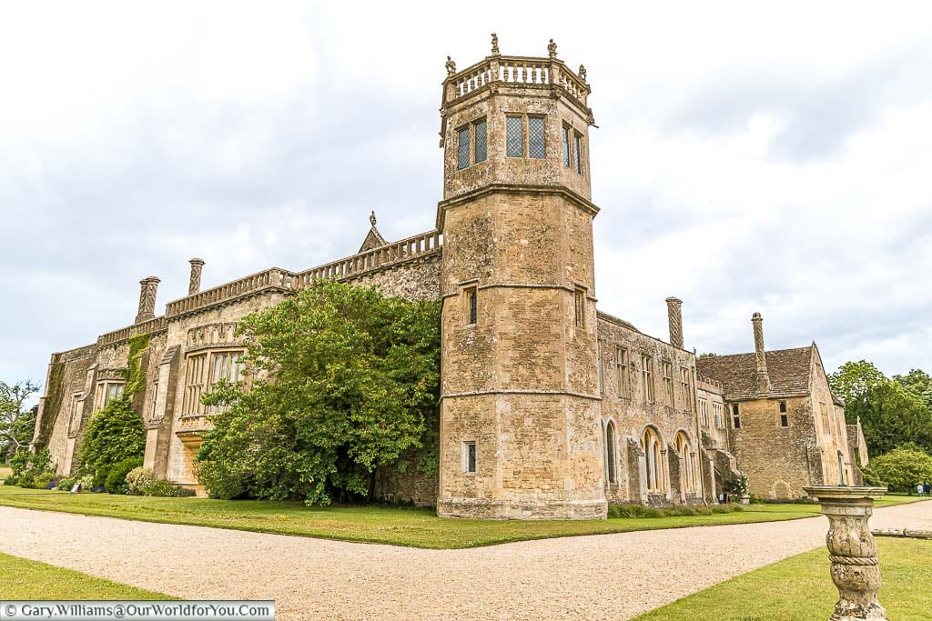 The southeast corner of Lacock Abbey in Wiltshire with its striking tower