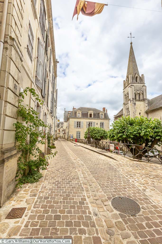 The cobbled Rue Haute Saint-Maurice in the centre of historic Chinon in the loire region of france