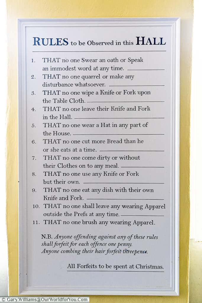 A list of the Rules of the Servants’ Hall mounted on a the wall within number one royal crescent, bath